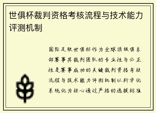 世俱杯裁判资格考核流程与技术能力评测机制