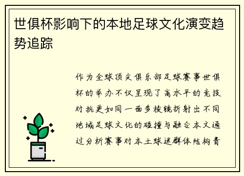 世俱杯影响下的本地足球文化演变趋势追踪