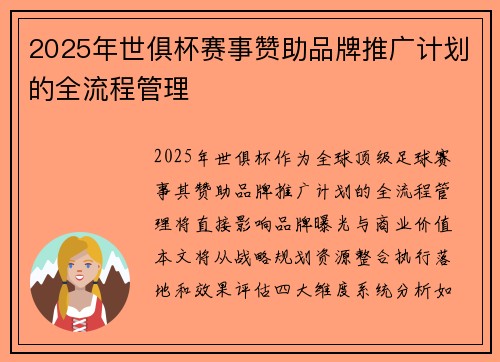 2025年世俱杯赛事赞助品牌推广计划的全流程管理